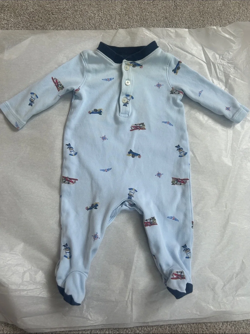 Ralph Lauren Light Blue Footed One-Piece with Airplane Print